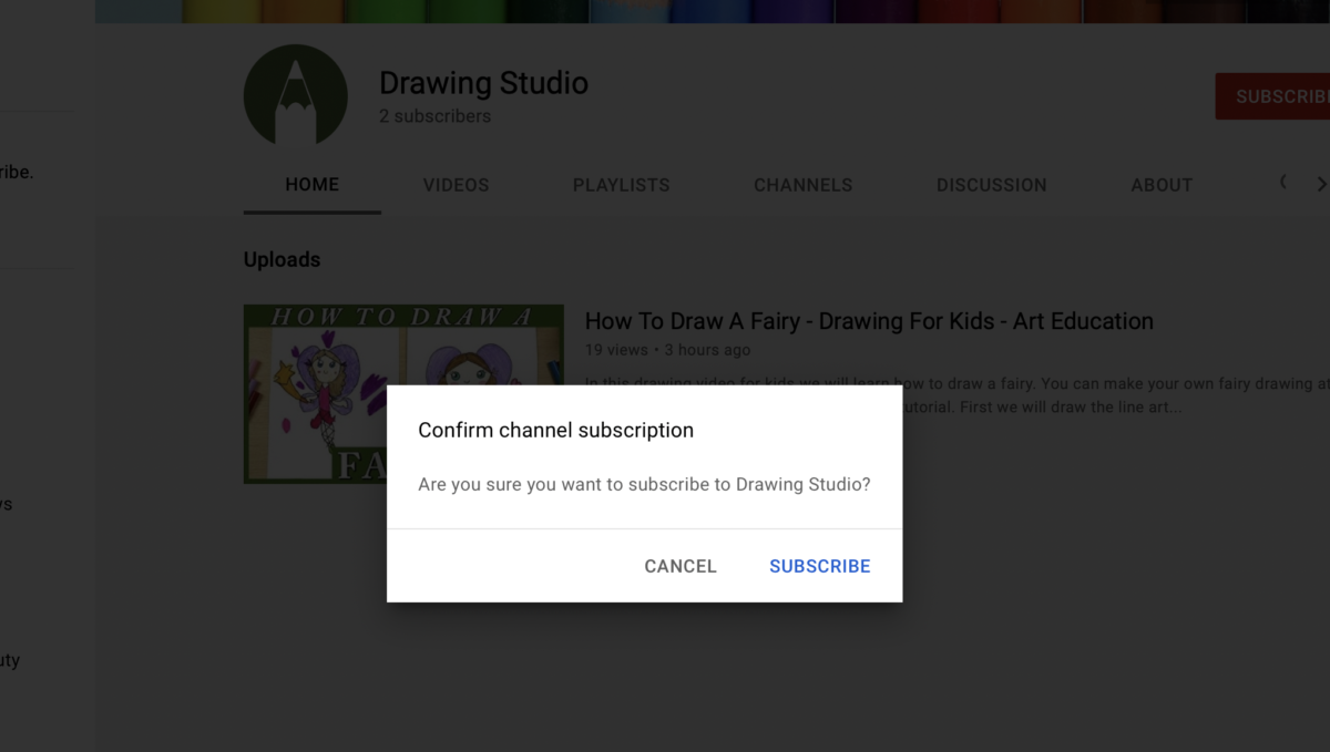 A screenshot showing what happens when someone clicks the link to automatically subscribe to a YouTube channel.